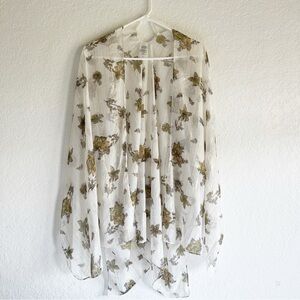 Floral Sheer Kimono White and Gold Open-Front Elegant Beach Pool Coverup Robe